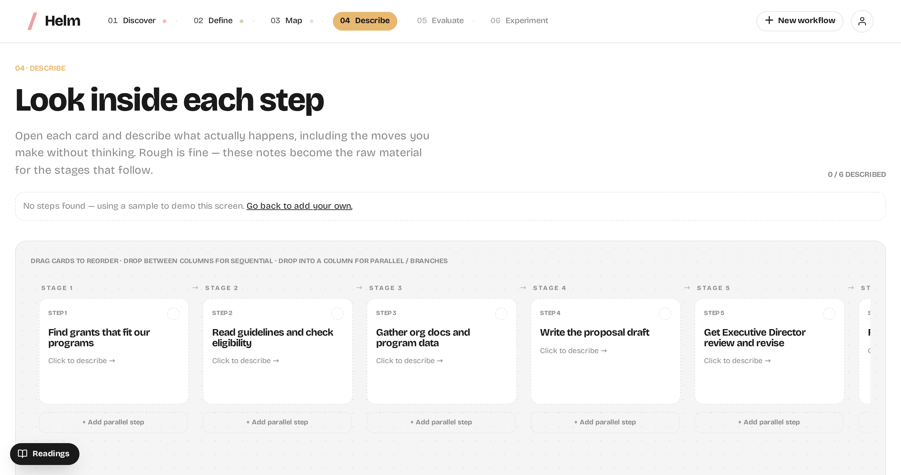Helm app: Look inside each step — stage-by-stage board of workflow steps to describe